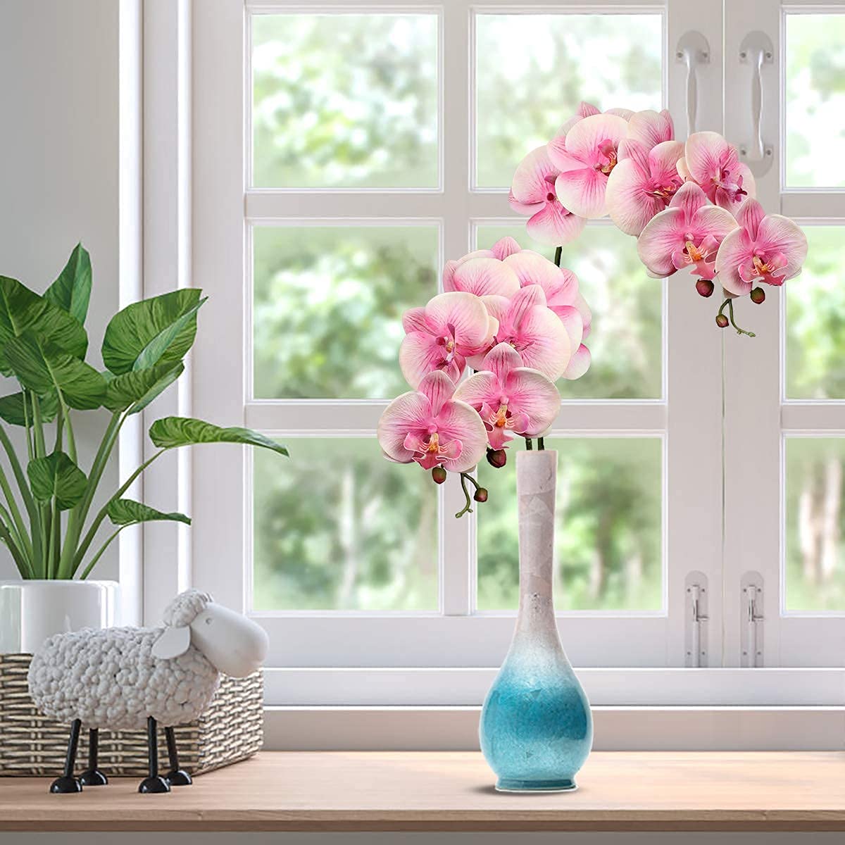 Briful 4 flores artificiales de orquídea artificial Phalenopsis orquídea decorativas blancas flores artificiales artificiales artificiales de tacto real con 9 flores