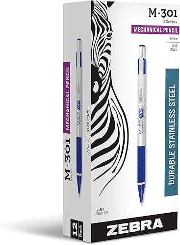Zebra Pen, STEEL M-301 - Lápices mecánicos, punta fina de 0.020 in, mina recargable, barril de acero inoxidable, borrador integrado, agarre azul,