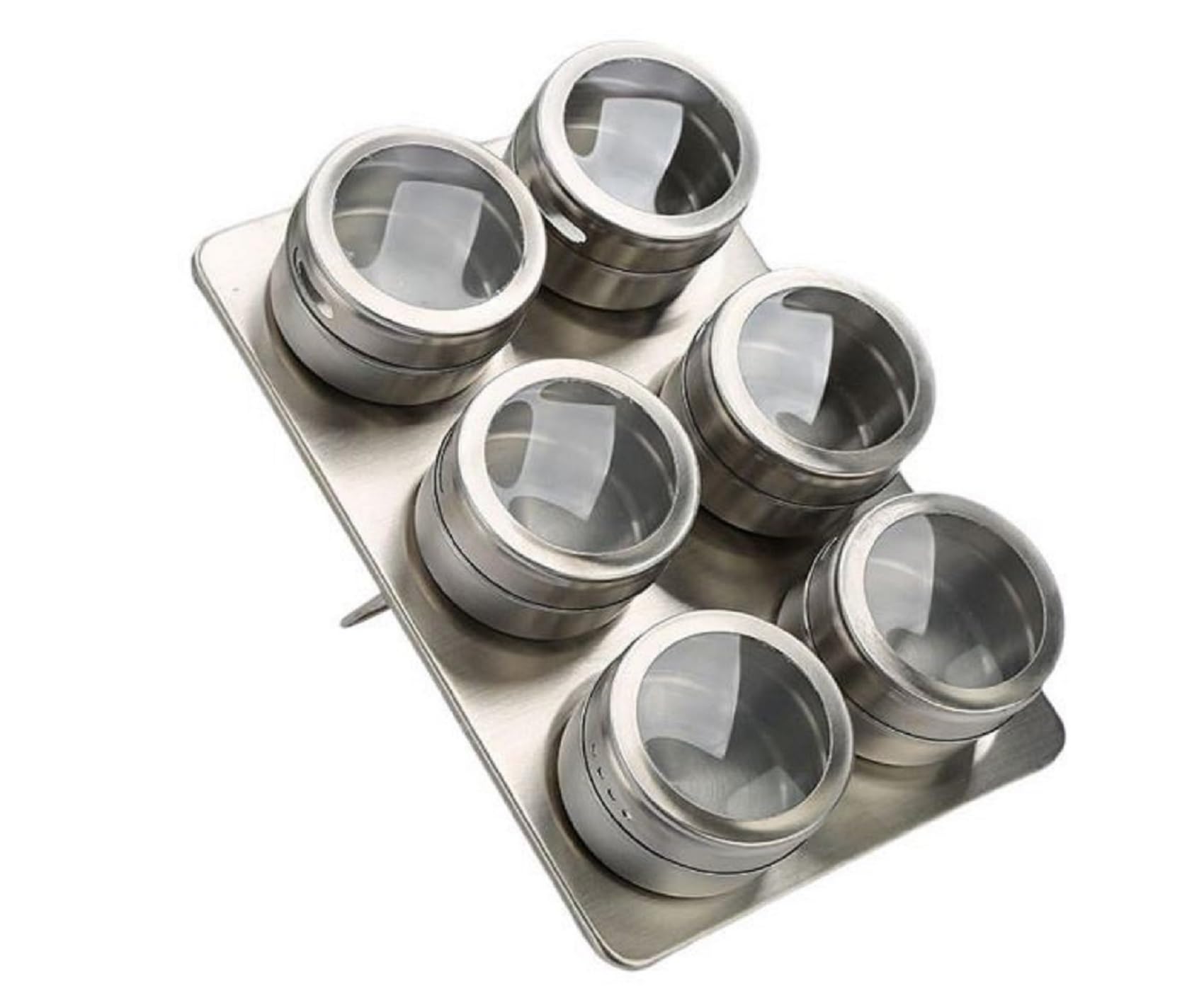Kmxo Silver 6 Pcs Magnetic Spice Tin Jar Set- Stainless Steel Rack Condiment Box – Clear Lid Spice Containers –Spice Shaker Wall Or Fridge Mountable Kitchen Storage Jars For Herbs, Spices, Condiments
