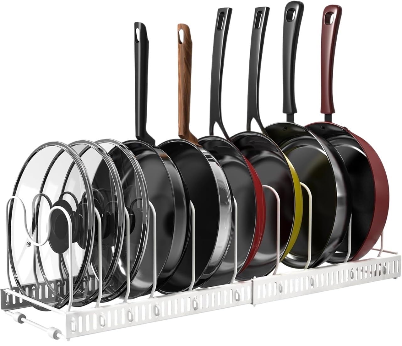 KXAOXGRC Pot Lid Organizer Rack, White Expandable Pot And Pan Lid Organizer Rack For Cabinet With 10 Adjustable Dividers
