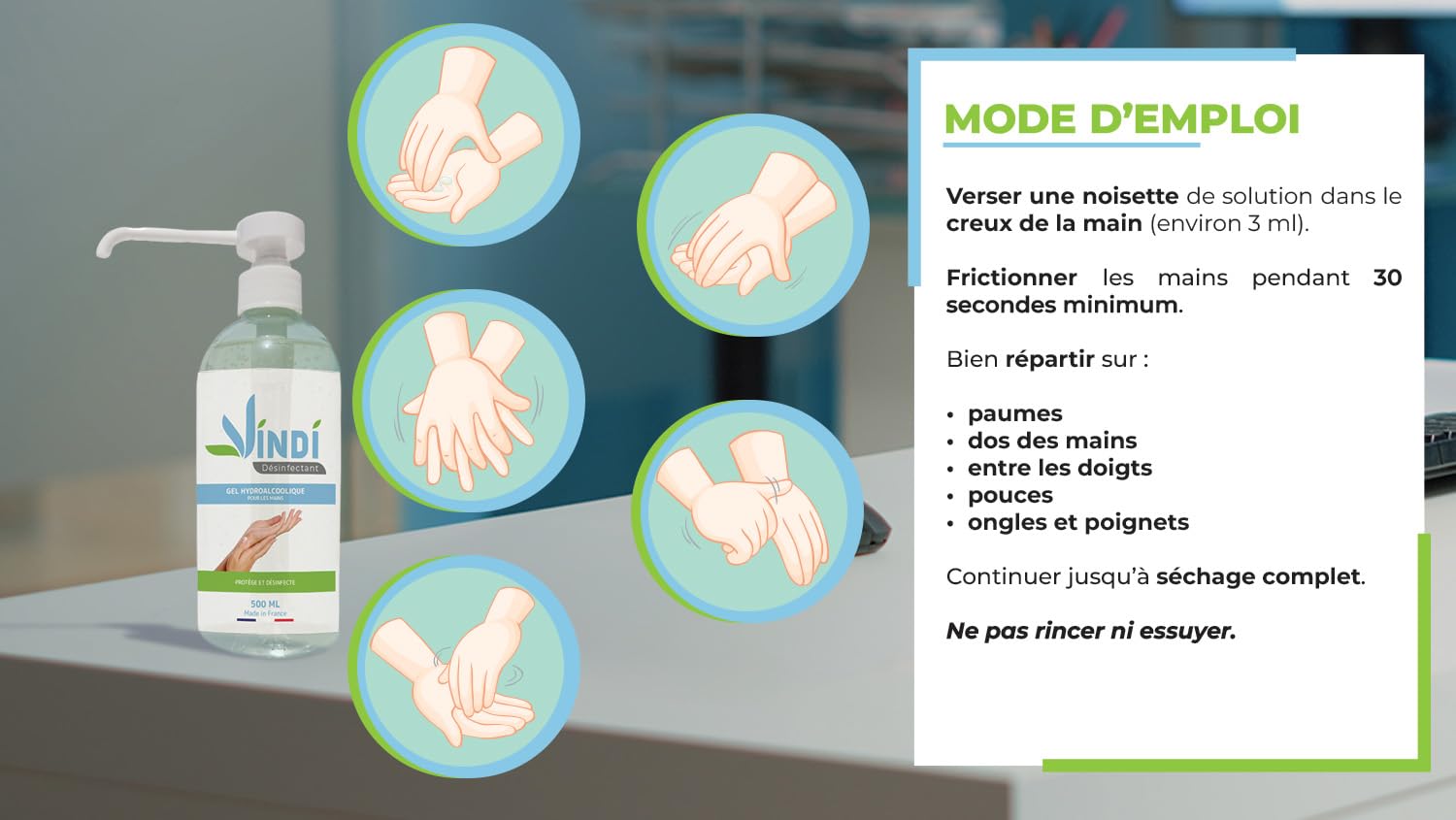 Vindi Désinfectant gel hydroalcoolique - Lot de 4 flacons pompe de 500ml - Fabrication Française - 76% d'alcool - Désinfection des mains - Virucide