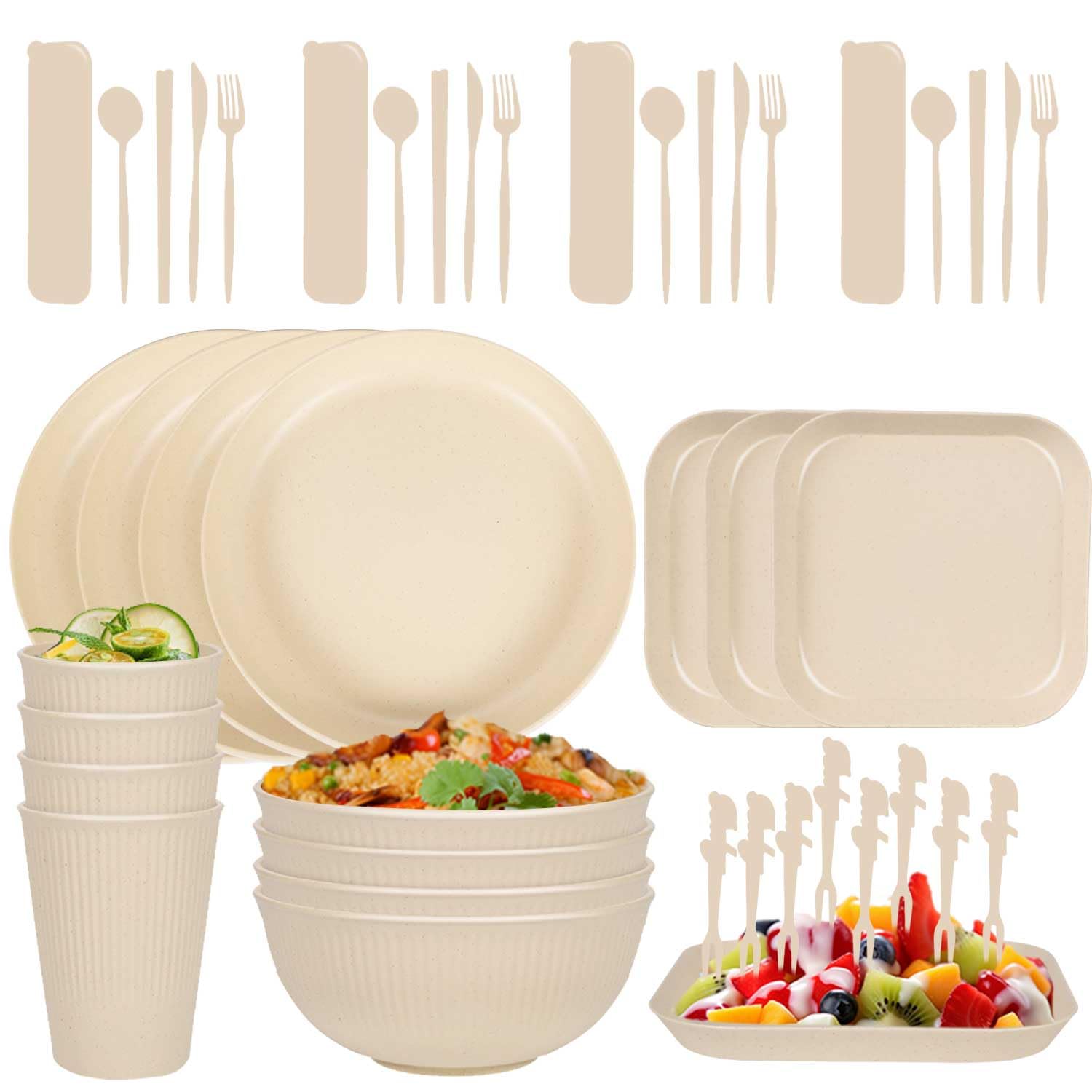 Camping Plates, Unbreakable Dinner Sets for 4, 48 Pcs Plastic Picnic Set for Party, Home & Picnic, Lightweight Microwave & Dishwasher Safe Camping Cutlery for Kids and Elderly (1, White)