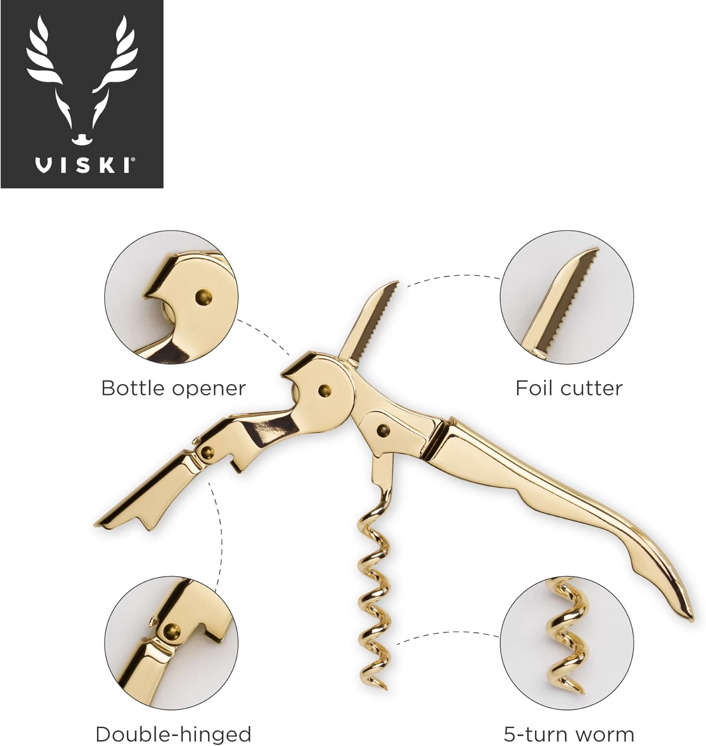 Viski 24k Gold Plated Signature Double Hinged Waiter's Corkscrew Wine Opener, Stainless Steel with Built-in Bottle Opener & Foil Cutter for Home Bar, Kitchen, Travel, Gifts for Wine Lovers, Set of 1