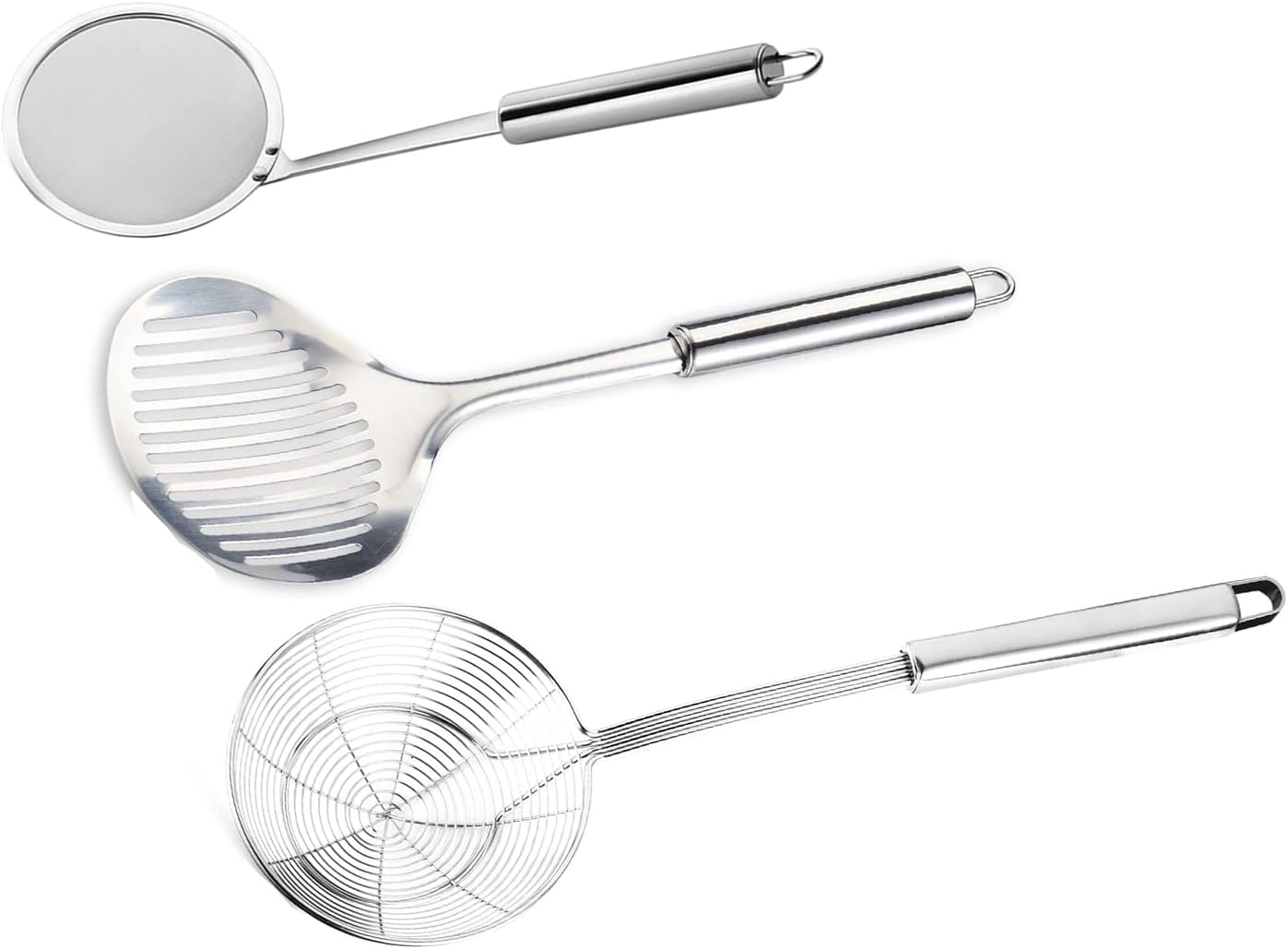 Tenta tenta kitchen Solid Stainless Steel Spider Strainer Skimmer Ladle for Cooking and Frying, Kitchen Utensils Wire Strainer Pasta Strainer Spoon Hot Pot Fat Skimmer Spoon Set of 3