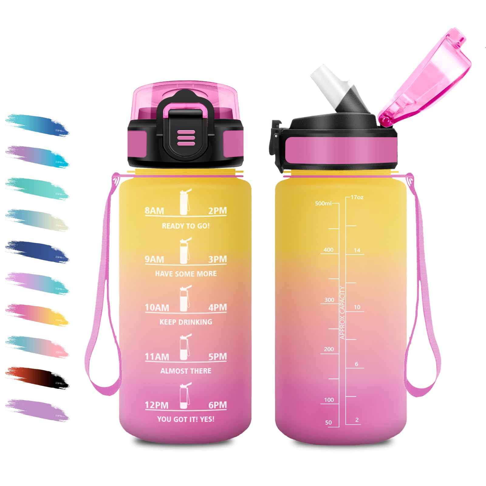KollyKolla 500ml Girls Water Bottle Leak Proof Motivational Bottle with Straw, Sports Water Bottle with Time Marker, Water Bottle for Kids, Camping, School, Office, Work