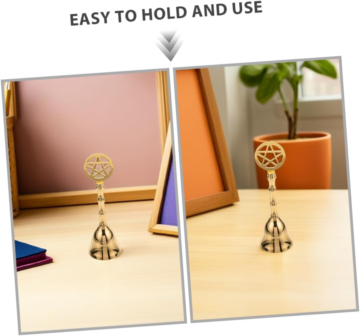 Pentagram Brass Hand Bell 2pcs Set, Loud Metal Ritual Altar Bells with Handle for Meditation, Classroom, Restaurant Service, and Tarot Ceremony Decoration