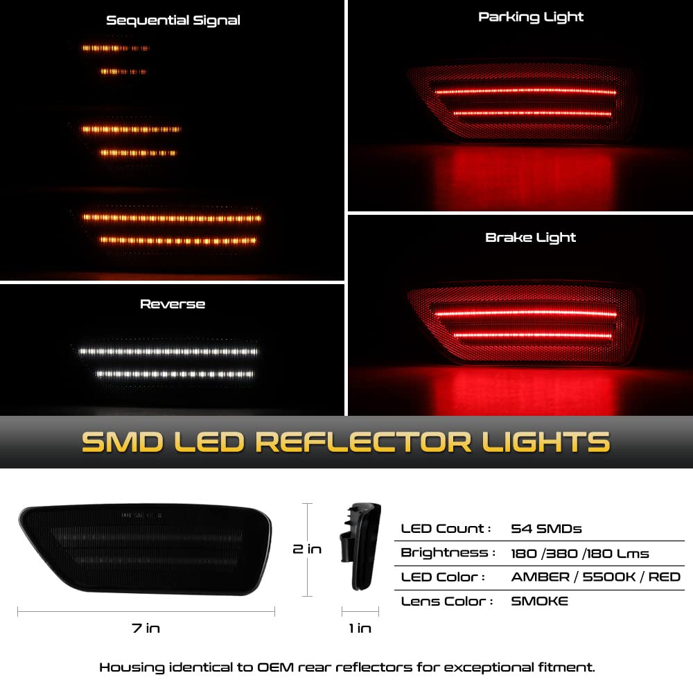 VIPMOTOZ [3 FUNCTION]Smoked Brake+Reverse+Daytime Running Lights Reflector Compatible With 2011-2021 Grand Cherokee Journey 11-17 Compass Chrome Housing Smoked Tinted Lens Pair Set
