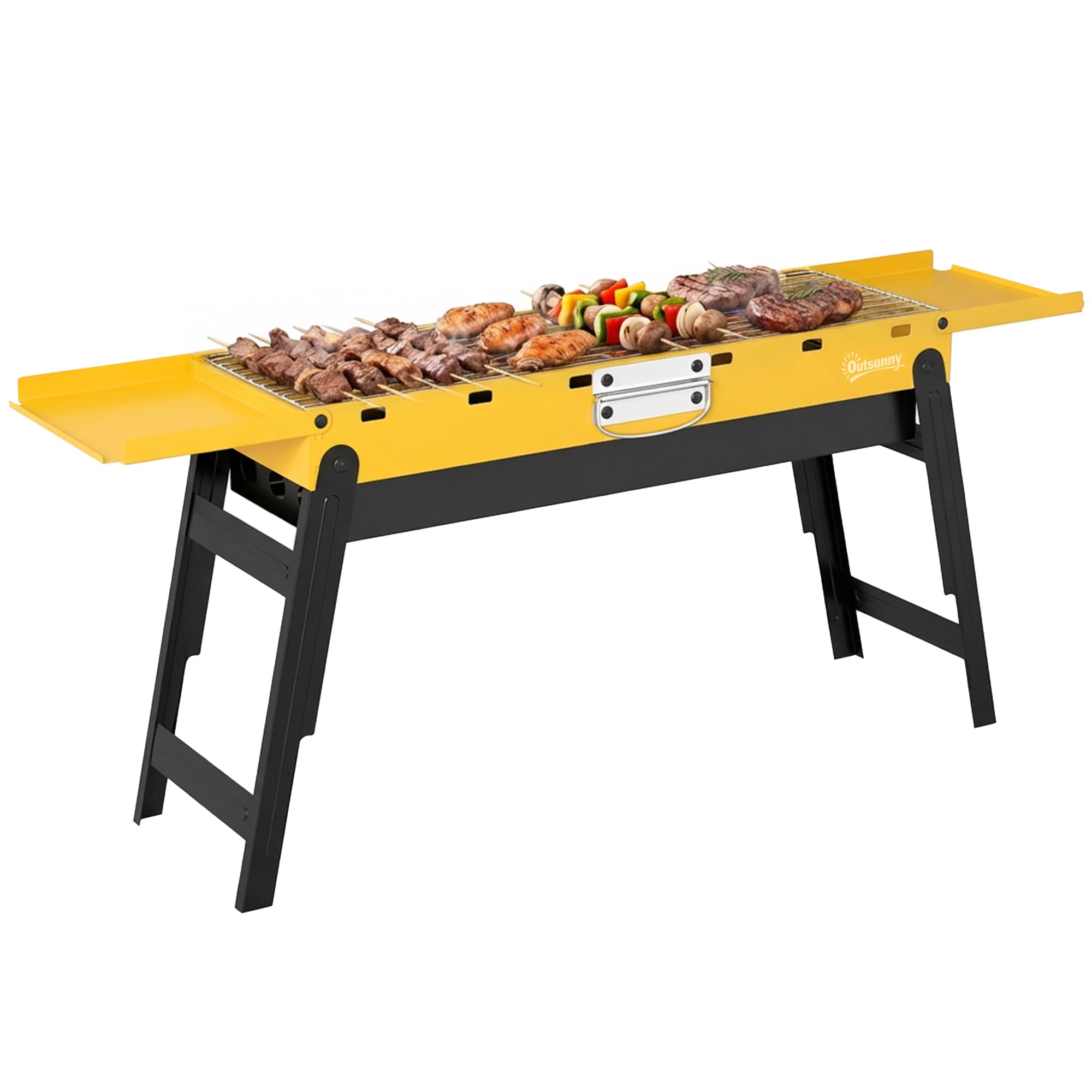 Outsunny Portable BBQ Grill, Foldable Charcoal Grill for Camping and Picnics, Charcoal Barbecue with 2 Side Shelves and Handle, Yellow