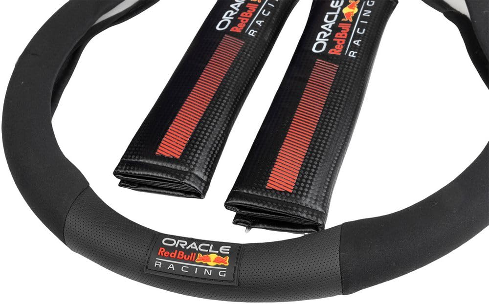 Red Bull Kit Coprivolante antiscivolo e 2 Passacintura imbottiti Powerbar racing Nero/Rosso per auto, Materiale Antiscivolo, Facile Installazione, Resistente e Universale, Diametro Coprivolante 38 cm