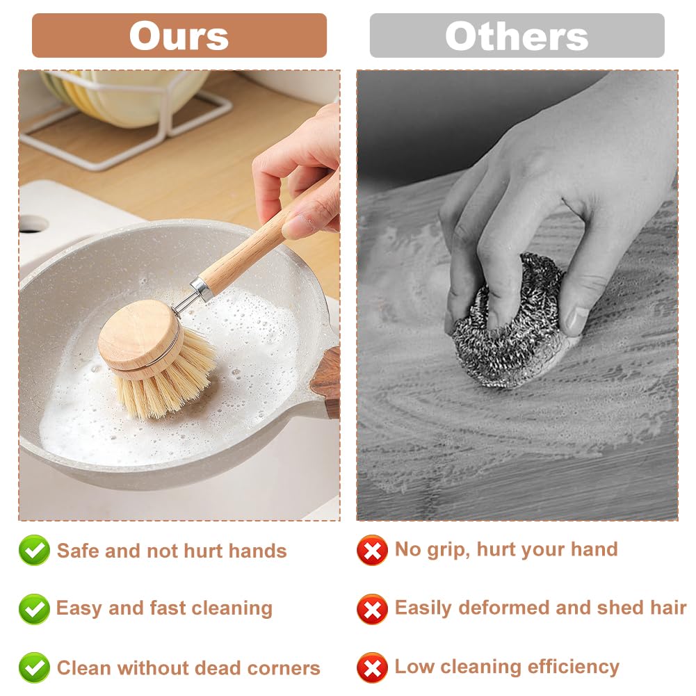 Juego de cepillos de bambú para platos, 1 mango de madera con 3 cabezales de cerdas naturales, cepillo multiusos de cocina con sisal y crin de caballo de palma para limpiar platos, sartenes y verduras