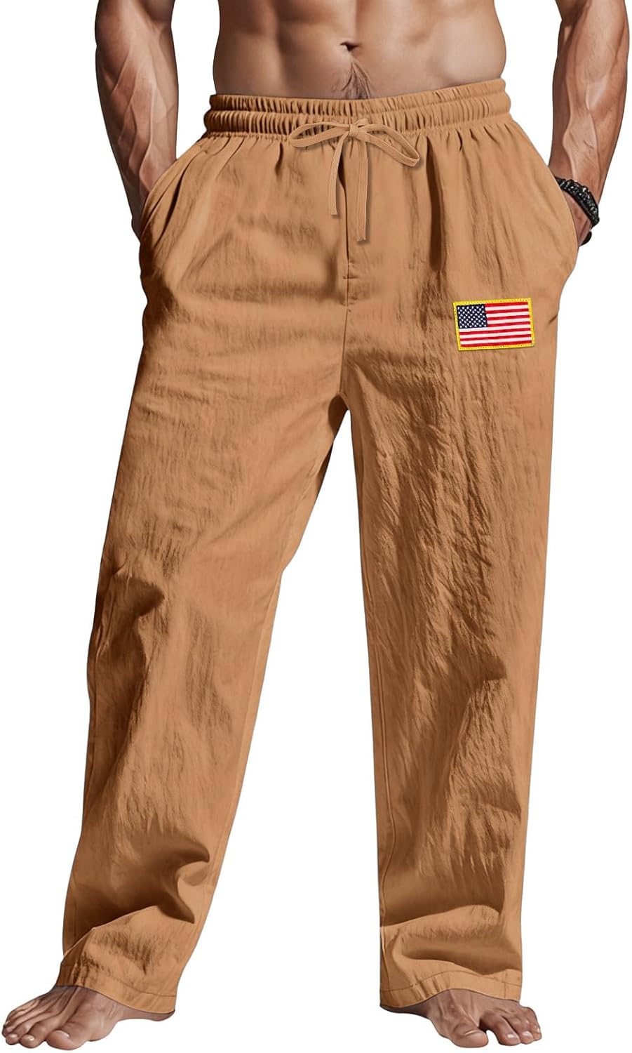 TAFLE Mens Linen Pants Elastic Waist Drawstring Summer Beach Yoga Pants Wide Leg Trousers with Flag Label