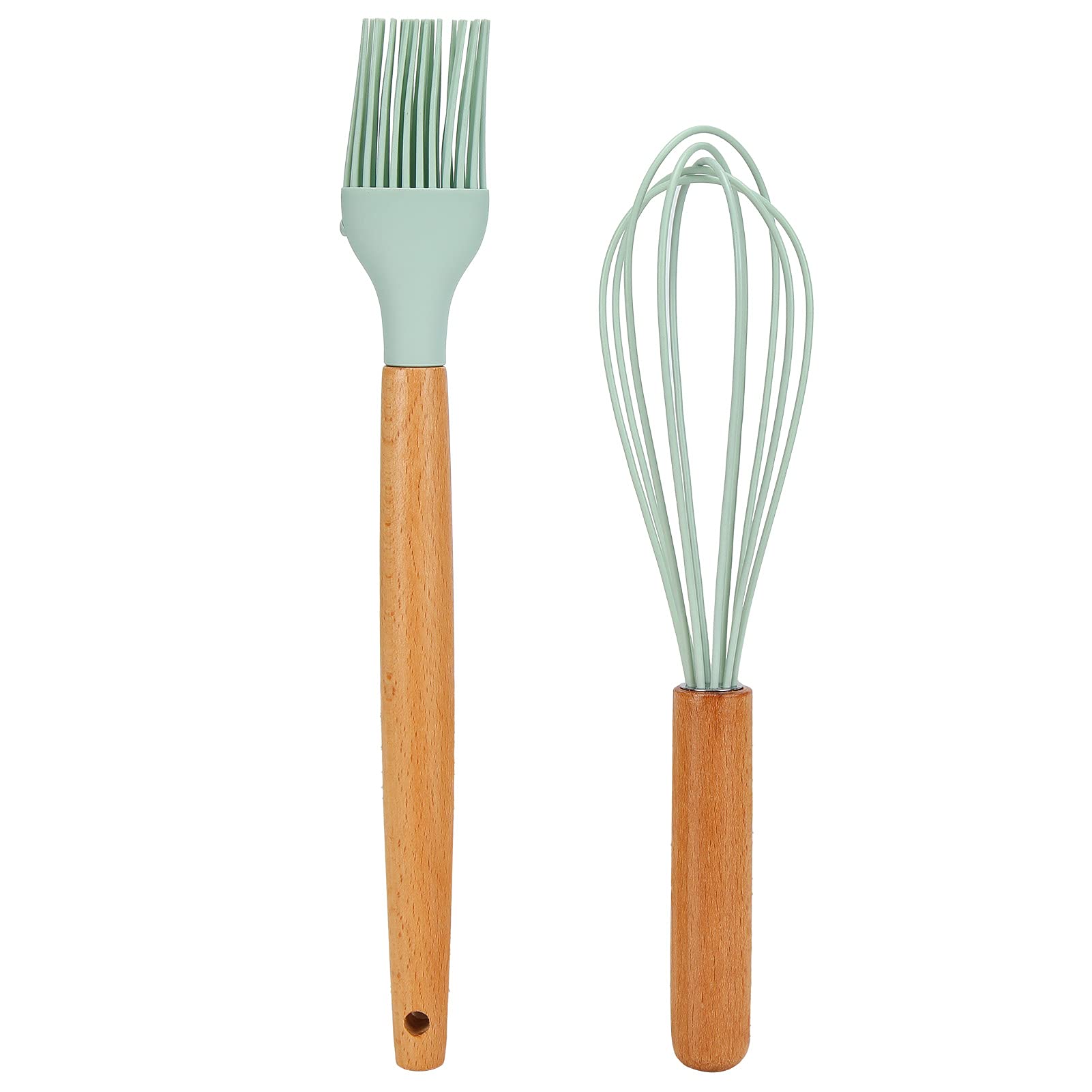 12 Teiliges Küchenutensilien Set, Antihaftbeschichtete Silikon Kochutensilien mit Holzgriff, Silikon Küchenhelfer Utensilien Set, Kochwerkzeug für die Heimküche (Hellgrün)