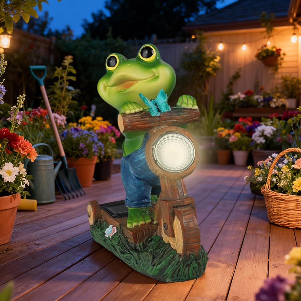 KBIBCK Solar Frog Garden Ornaments Outdoor, Home Decor Garden Frogs Figurine, Garden Frog Statue Decoration, LED Solar Animal Statue for Fairy Garden Patio Balcony Yard Lawn