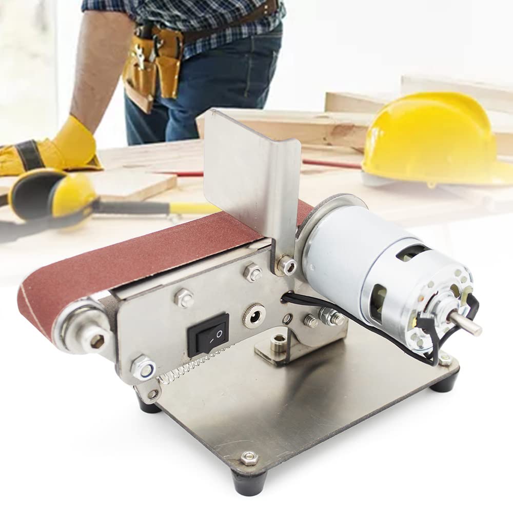 OUKANING Elektryczna szlifierka taśmowa 200 W, Mini Band Sander z regulacją 0-65° i 7-biegową regulacją (do 9000 obr./min), w zestawie 10 taśm szlifierskich do obróbki drewna/metalu, zmontowana