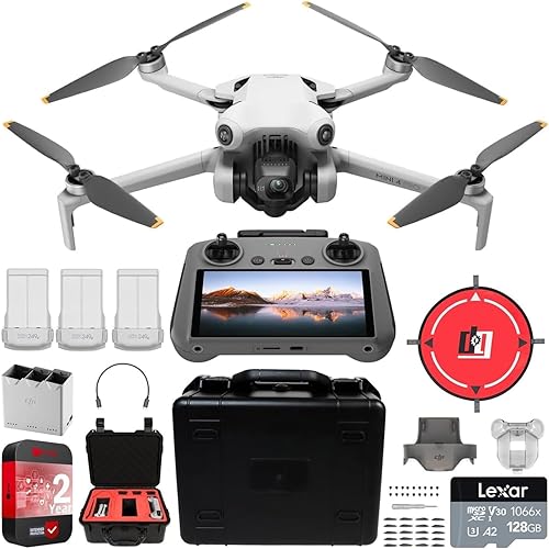 DJI Mini 4 Pro Folding Drone with RC 2 Remote (With Screen) Fly More Combo, 4K HDR Video Camera, Under 249g, 3 Batteries Bundle with Deco Gear Custom Hard Case & Accessories