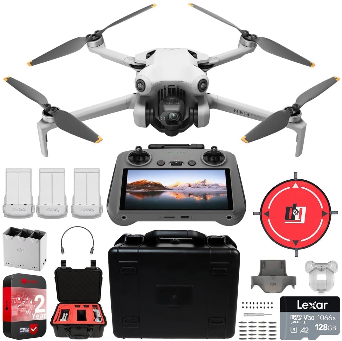 DJIMini 4 Pro Folding Drone with RC 2 Remote (With Screen) Fly More Combo, 4K HDR Video Camera, Under 249g, 3 Batteries Bundle with Deco Gear Custom Hard Case & Accessories