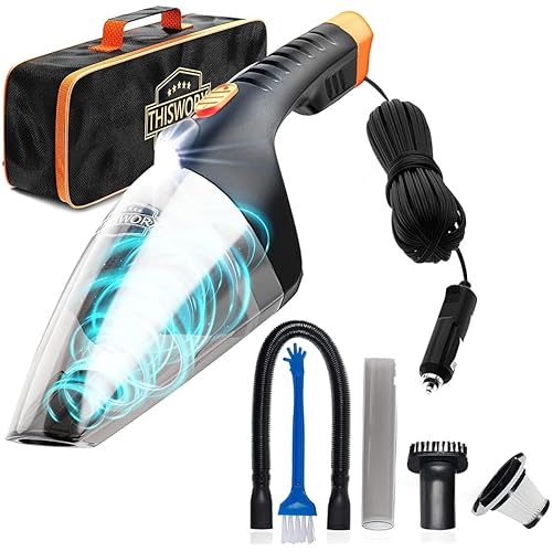 ThisWorx Car Vacuum Cleaner 2.0, Portable Handheld Mini Vacuums Cleaner W/ 16ft Cord, LED Light, Bag, & Attachments- Small Vac for RV, Boats, Travel, Car Accessories, Lightweight