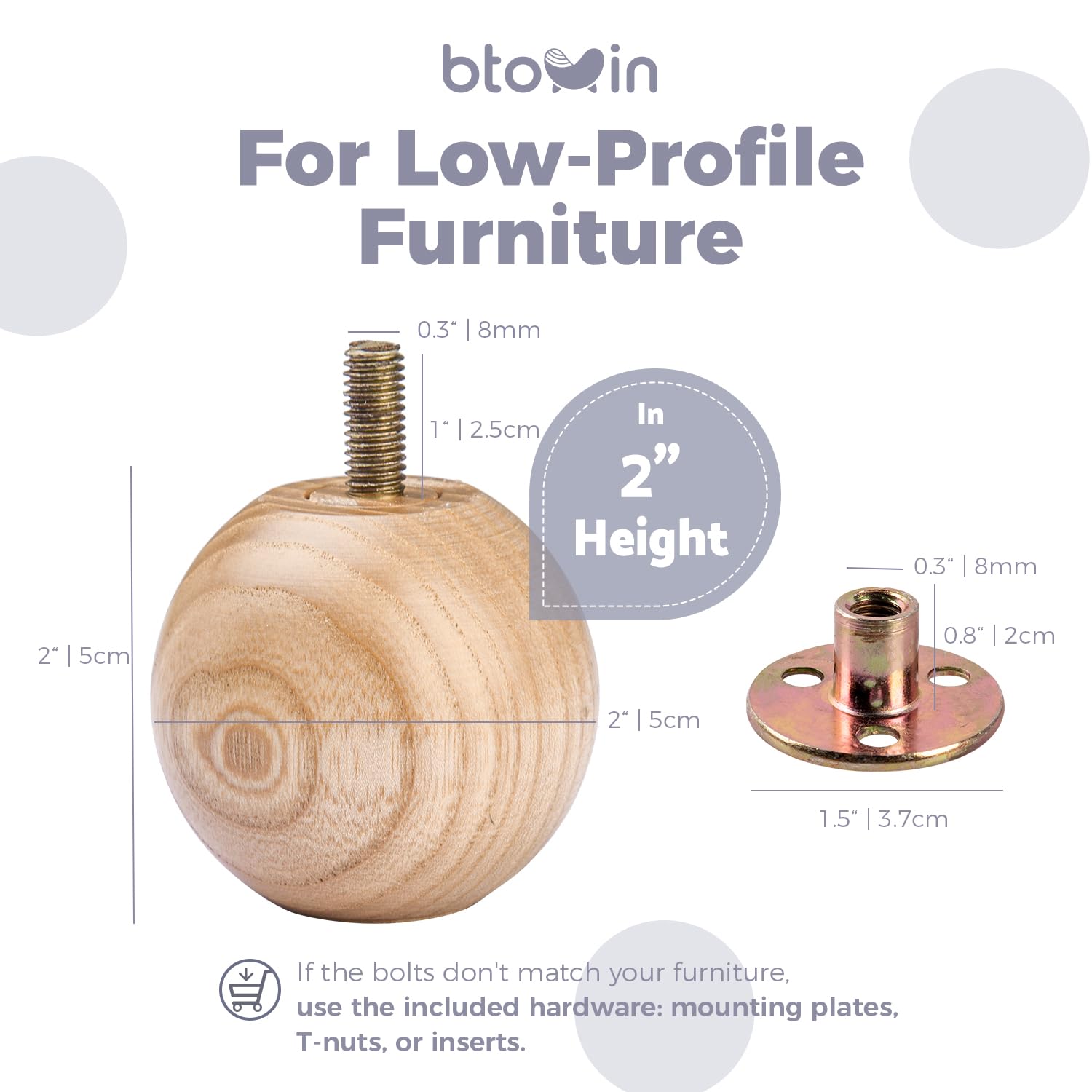 Patas de madera de fresno de 5 cm para muebles, 4 patas redondas de bola pequeña barnizada, patas de repuesto minimalistas de madera modernas con perno M8 y placa de montaje para cama, sofá, aparador