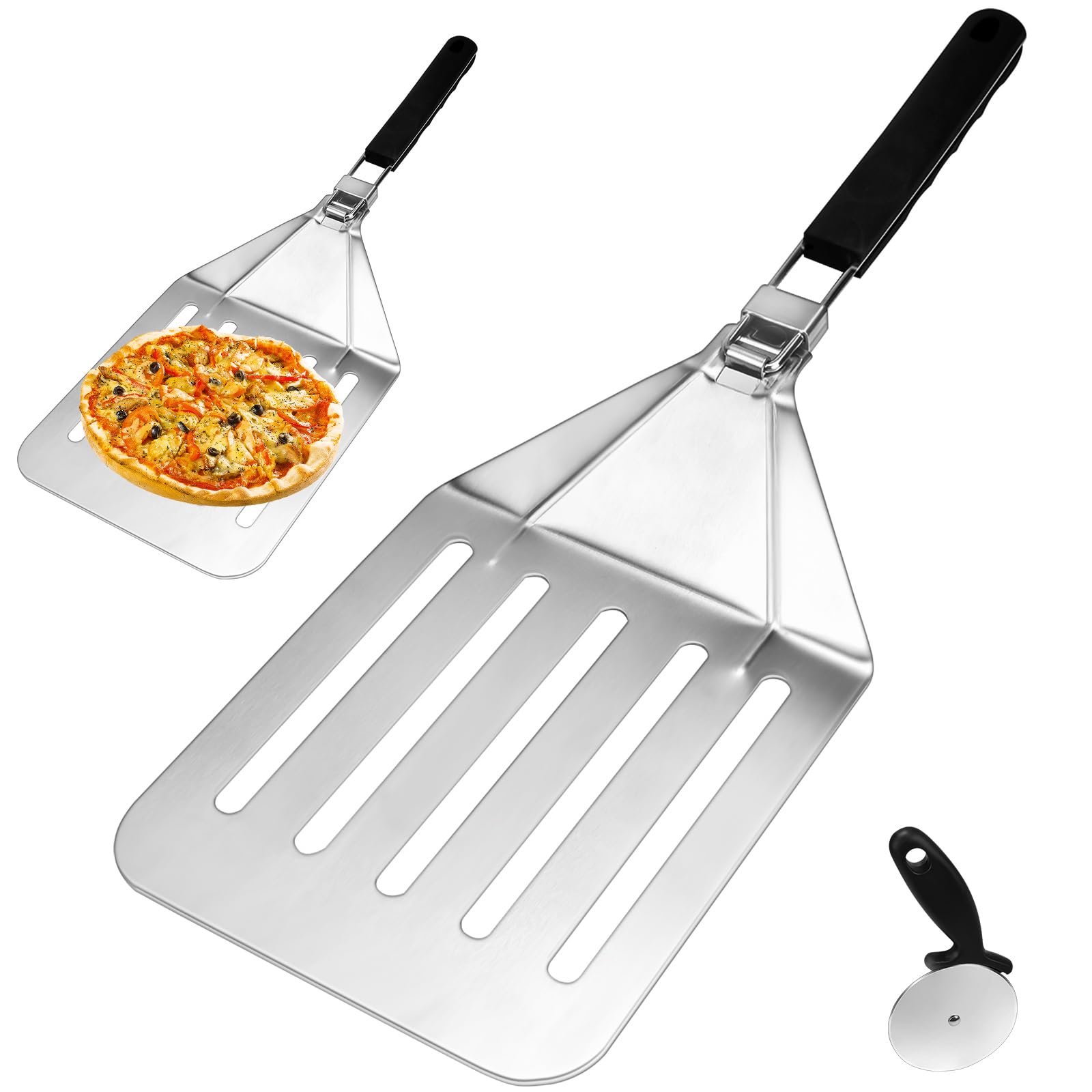 QINERSAW Pala per Pizza con Manico Pieghevole Pala per Pizza in Acciaio Inossidabile con Design Cavo Pala per Pizza Professionale in Metallo con 1 Rullo per Pizza