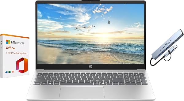 HP 15.6" FHD Computadora Portátil para Negocios y Estudiantes con Office 365 por 1 Año y Copilot AI, Procesador Intel Quad-Core, 16GB RAM 640GB Almacenamiento (128GB UFS+512GB Tarjeta SD), Win 11 H, Base de Conexión PLUSERA, Plata