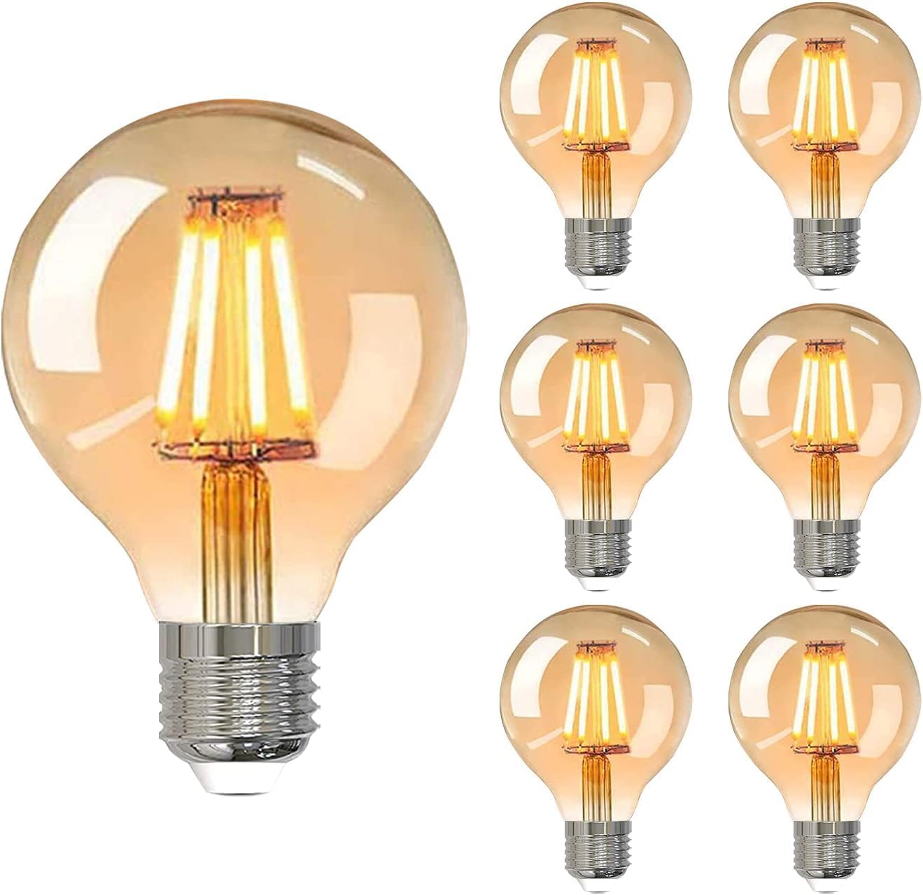 HUA QIANG WANG Vintage E27 LED Edison Globe G80 Filament Light Bulbs (6-Pack) | 2700K Warm White, Amber Glass, 4W Non-Dimmable Decorative Bulbs, Soft Ambient Light (Not for Bright Lighting)