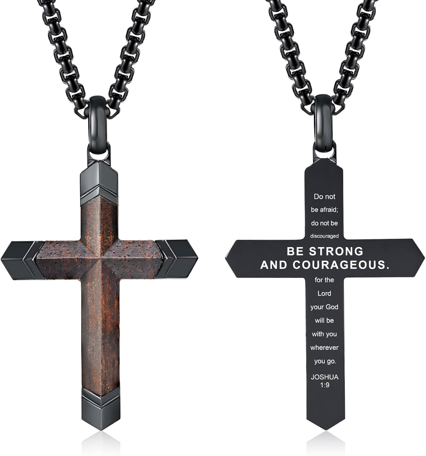 Wooden Cross Bible Verse Necklace for Men, Hawaiian Handmade Real Black Ebony Wood Cross Pendant Stainless Steel Chain, Mens Cross Necklaces Koa Wood Jewelry Christian Baptism Easter Gifts