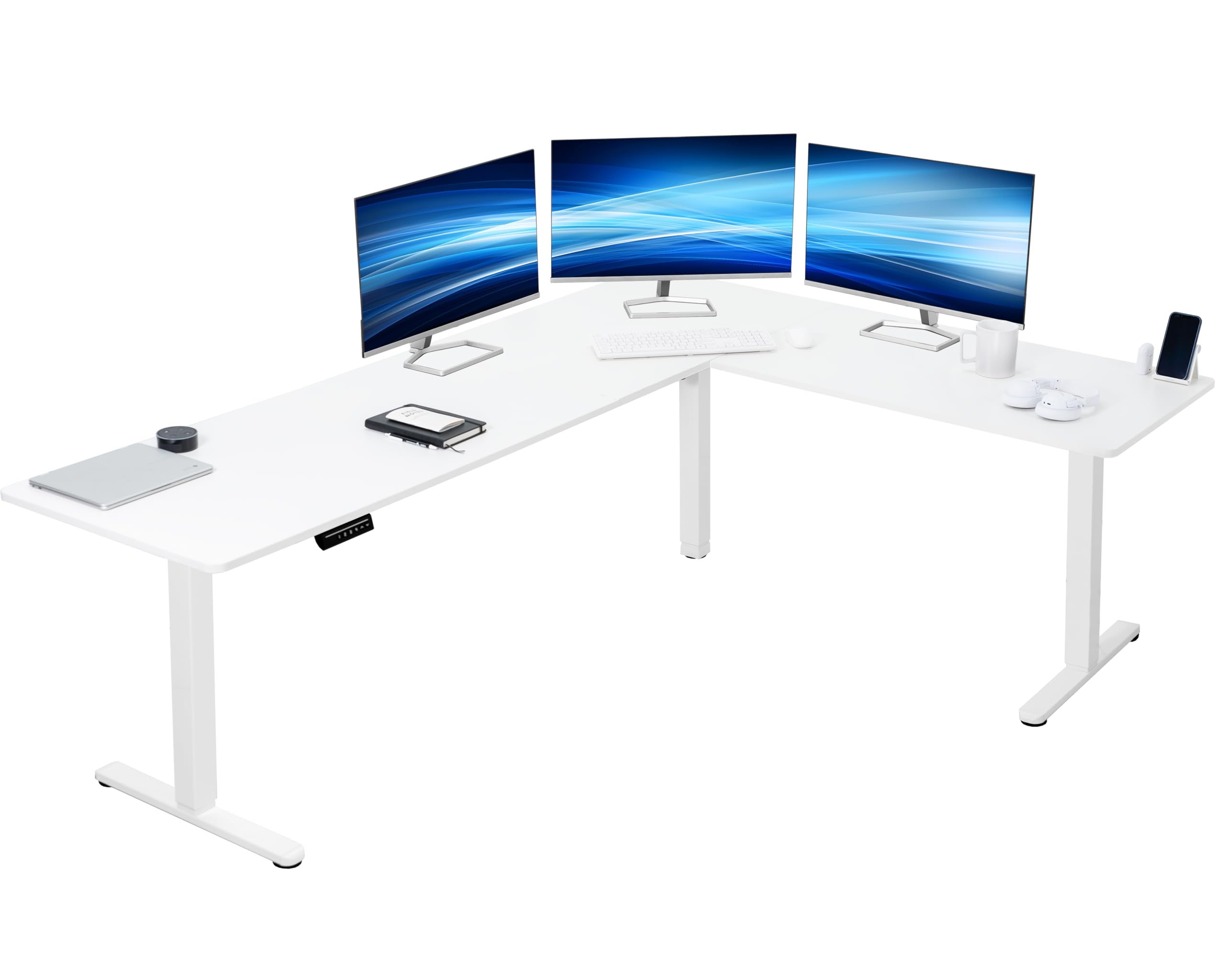 VIVO Corner Standing Desk, 84 x 63 inch Reversible L-Shaped Workstation, Electric Height Adjustment, Home, Office, and Reception Rooms, White Table