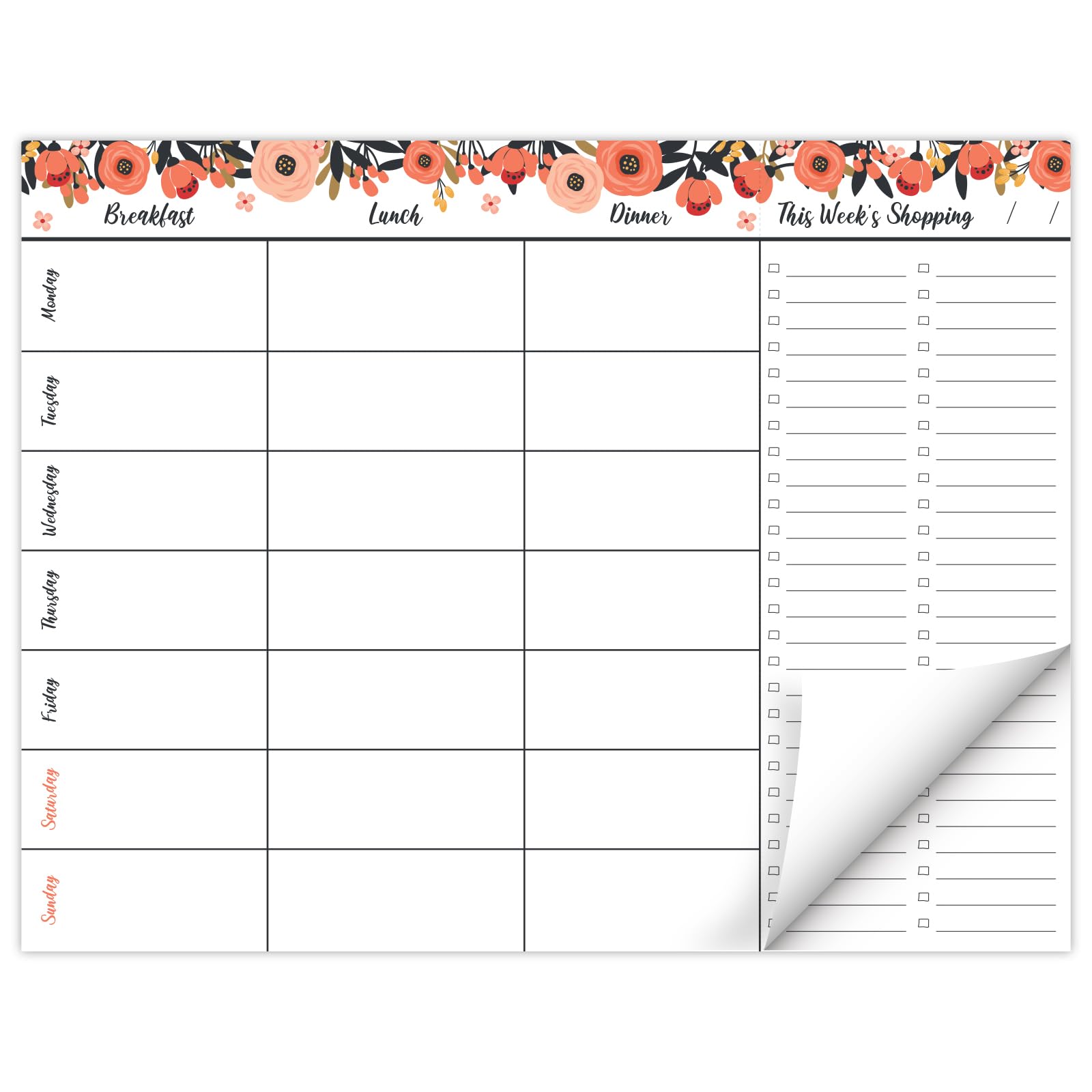 Global Printed Products 8.5" x 11" Horizontal Meal Planning Pad, 60-Sheets, Peach & Pink Floral