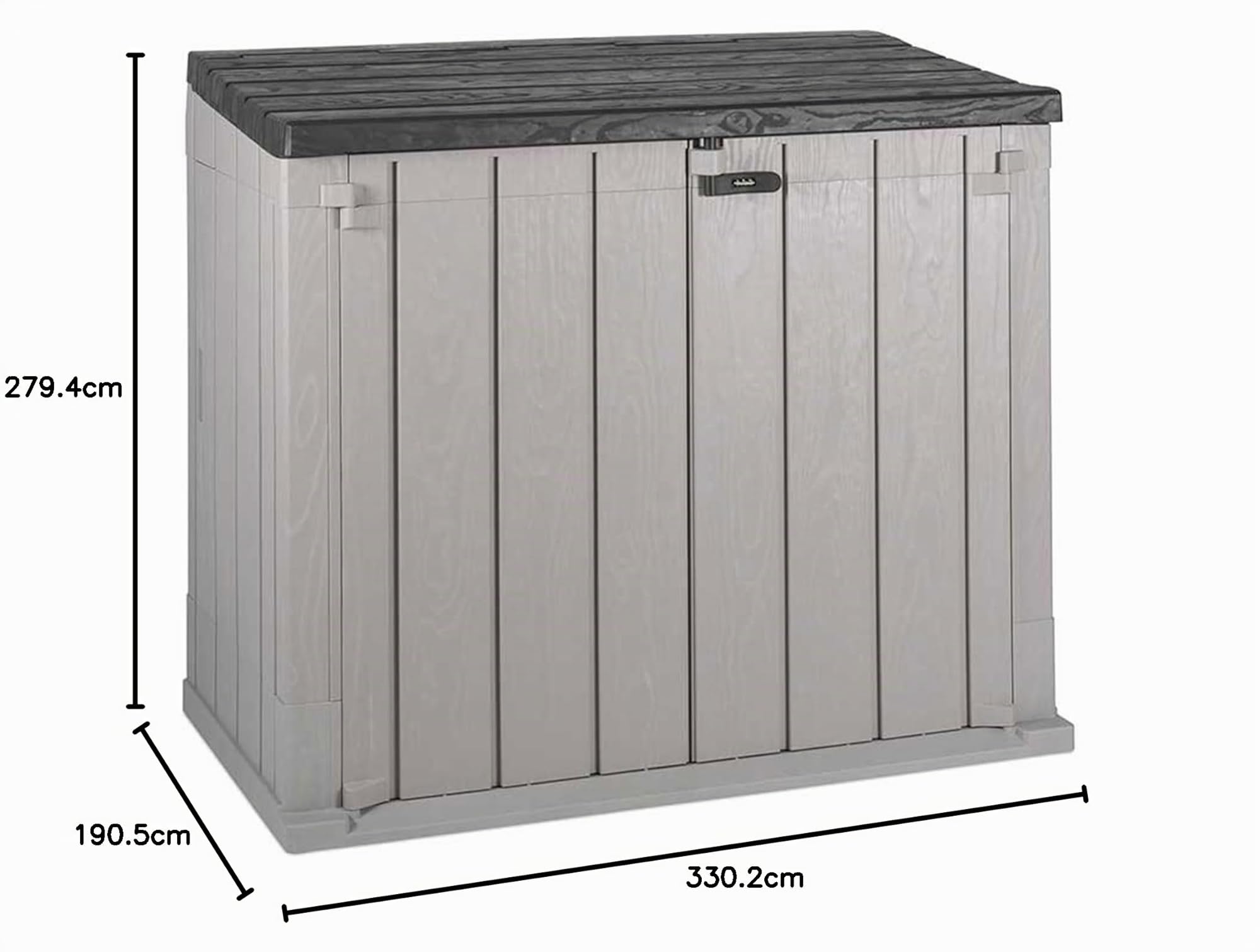 TOOMAX Stora Way Baule da 842L portattrezzi 129,5x74,5x111h cm effetto legno in plastica resistente, grigio talpa/antracite, porta bidoni da 2, con chiusura a chiavistello, ideale per il giardino