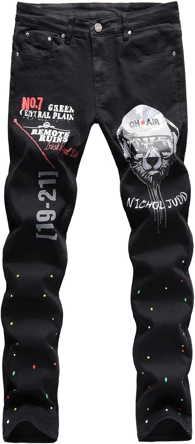 激安先着 メンズスリムフィットストレートジーンズ 36 ブラックベリー プリント弾性デニムパンツ ハイストリートヒップホップユースクールブラックジーンズ ジーンズ サイズ 34 Regularshort Www We Job Com