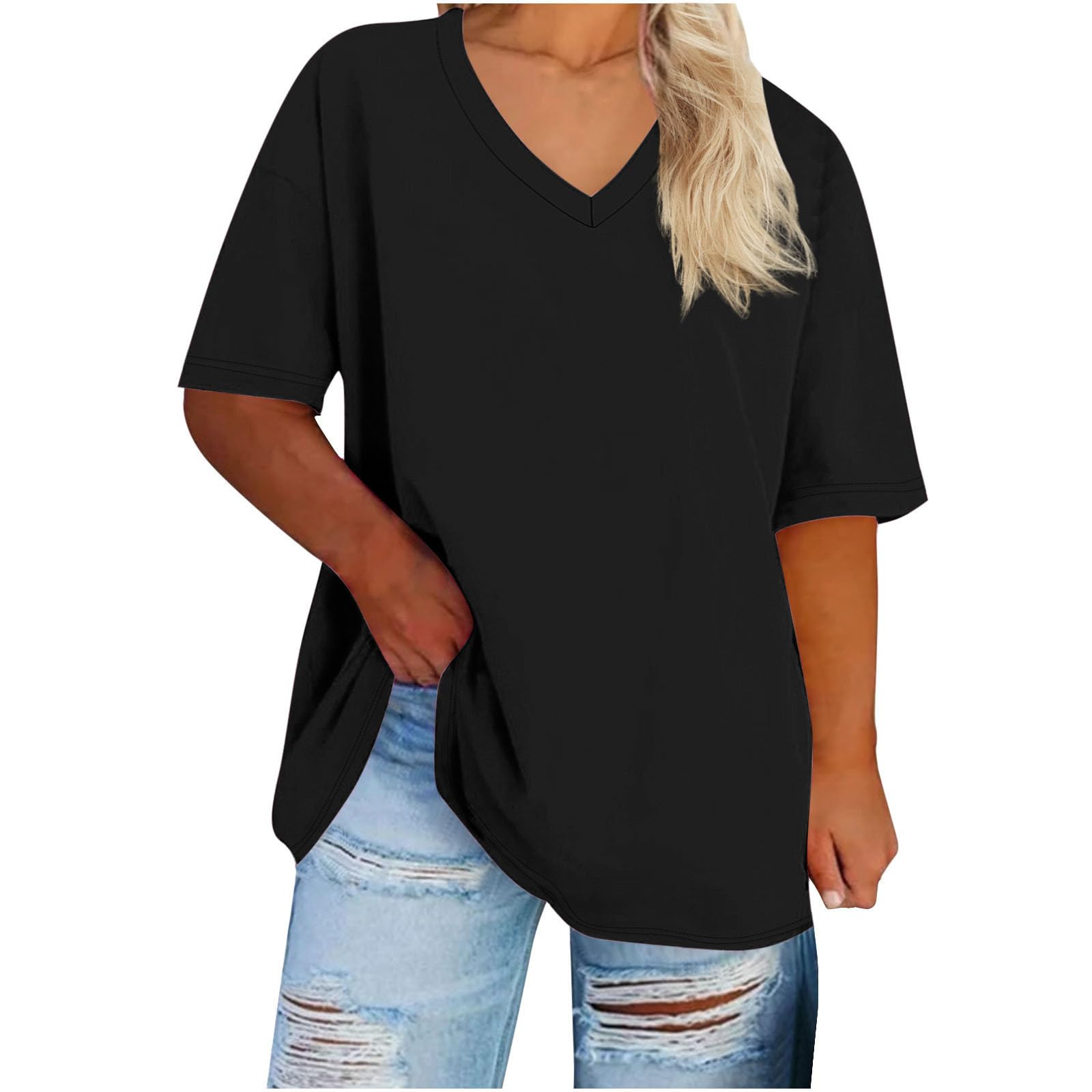 Women's Plus Size V Neck T Shirts Summer Solid Short Sleeve Oversize Tees 2025 Trendy Casual Loose Fit Tunic Tops(A- Black,Large)