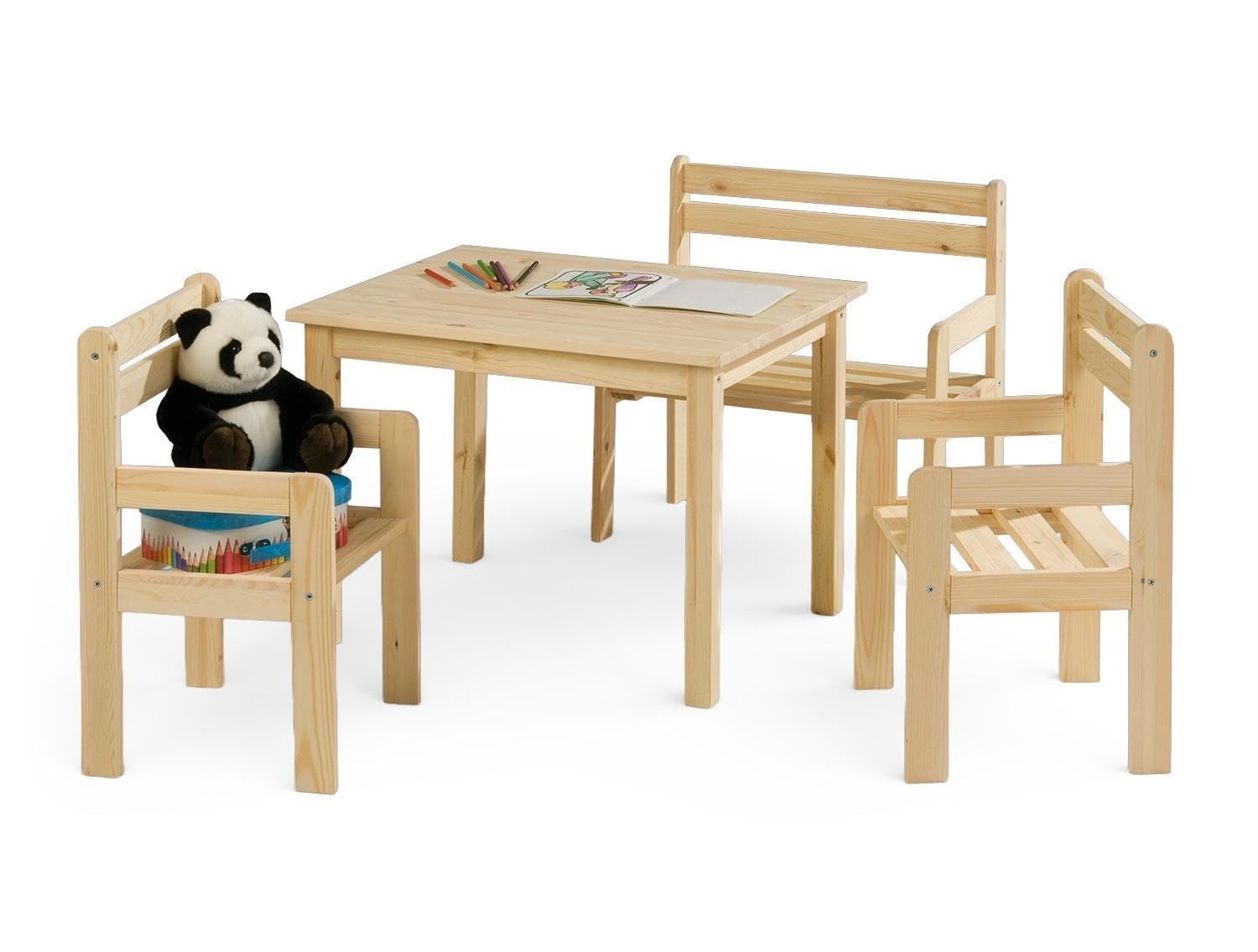 Kindersitzgruppe 4-teilig - mit Kindertisch, Sitzbank & 2 Stühlen - Braun - Kiefernholz Massiv - Sitzgruppe Kindertischgruppe Holzsitzgruppe