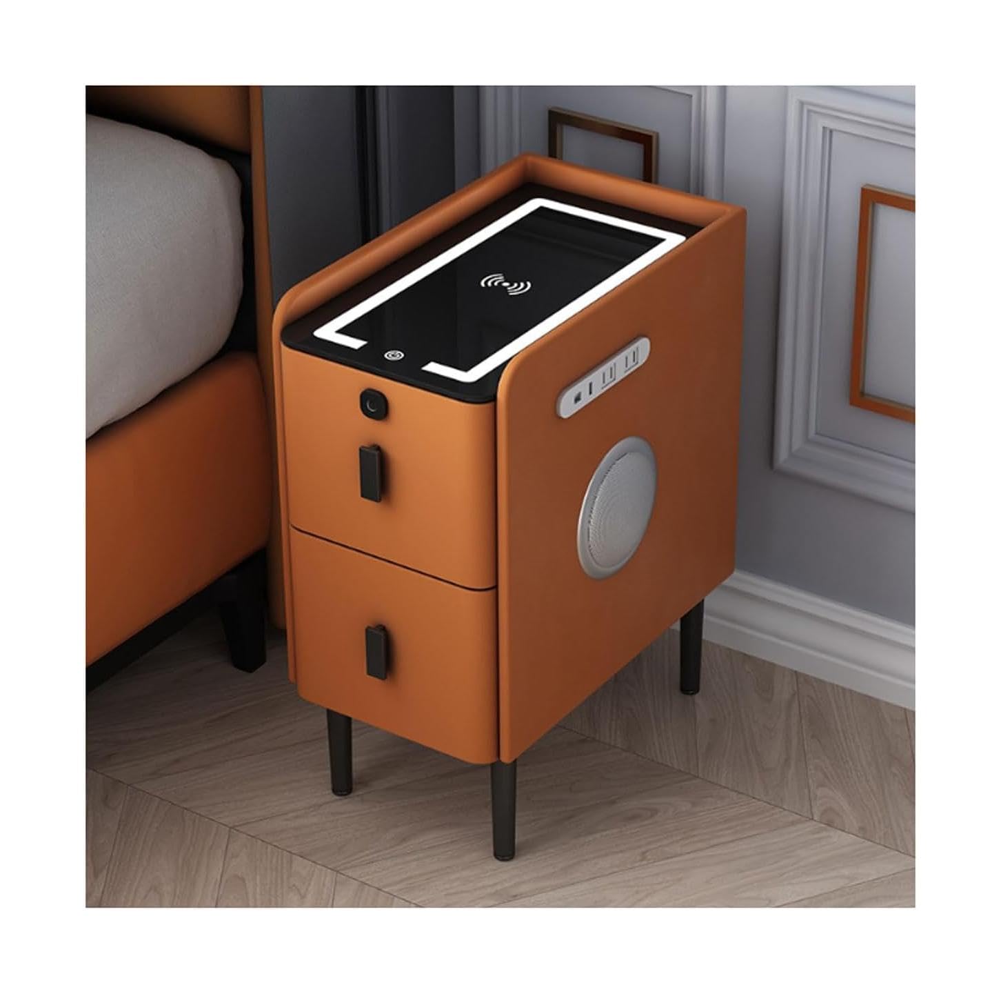 ASerZenith Simple Nightstand Smart Nightstand Leather End Table Wireless Charging Station Bedside Table Bluetooth Lock Usb 2 Drawers Led Vision,Orange-40X40X50Cm