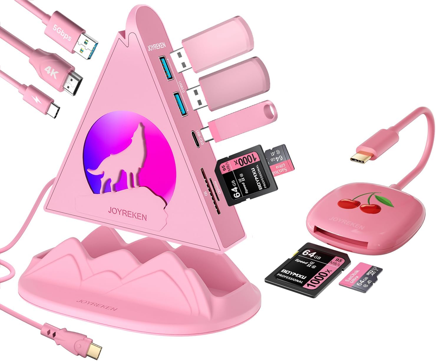 1.6ft Pink 8-in-1 USB-C HDMI Hub + 8cm USB-C SD Card Reader Bundle for Enhanced Workspace Productivity, Compatible with iPad Pro, MacBook, Samsung Galaxy S24