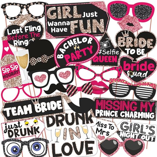 Image of WOBBOX Bachelorette Party Photo Booth Props for Bride & Groom, Bridal Shower Props, Bachelorette Party Decoration, Bride to be Party Decorations Items- Copper Glitter with Pink Lime