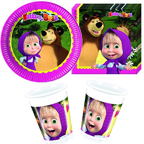 Mascha und der Bär 37-teiliges Partyset Teller + Becher + Servietten + Deko // Kindergeburtstag Kinder Geburtstag Party Mottoparty Luftballons Deko Mädchen Marscha and The Bear Masha Cover