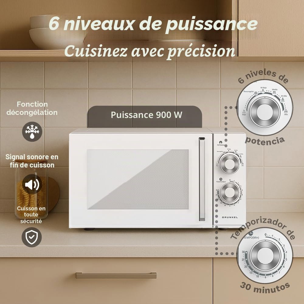 MG Micro-ondes sans grill 25 litres, 900 W 20MG 5-6 niveaux de puissance, 3 modes combinés, minuterie 30 min, ouverture avec poignée et plateau Ø245 mm (sans grill)