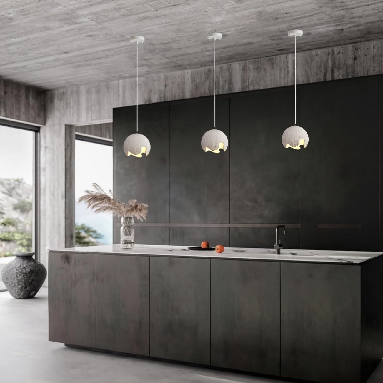 Modern White Pendant Lighting for Kitchen Island Concrete Cement Look Pendant Lamp Wabi Sabi Dining Room Light Scandinavian Chandelier Industrial Dome Hanging Ceiling Light - 7.4"