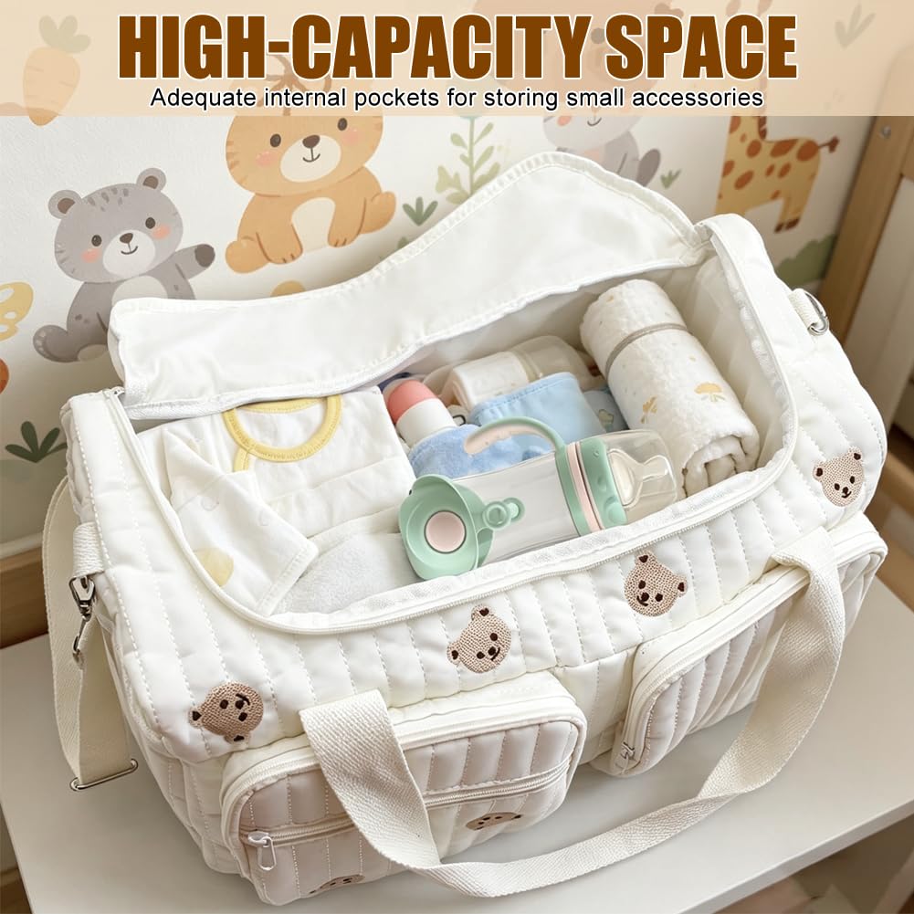 Grand sac à langer, sac clinique de naissance, 48 × 22 × 26 cm, en coton, sac pour bébé, avec broderie, sac maman pour l'hôpital, la naissance, les voyages et la poussette, pliable avec