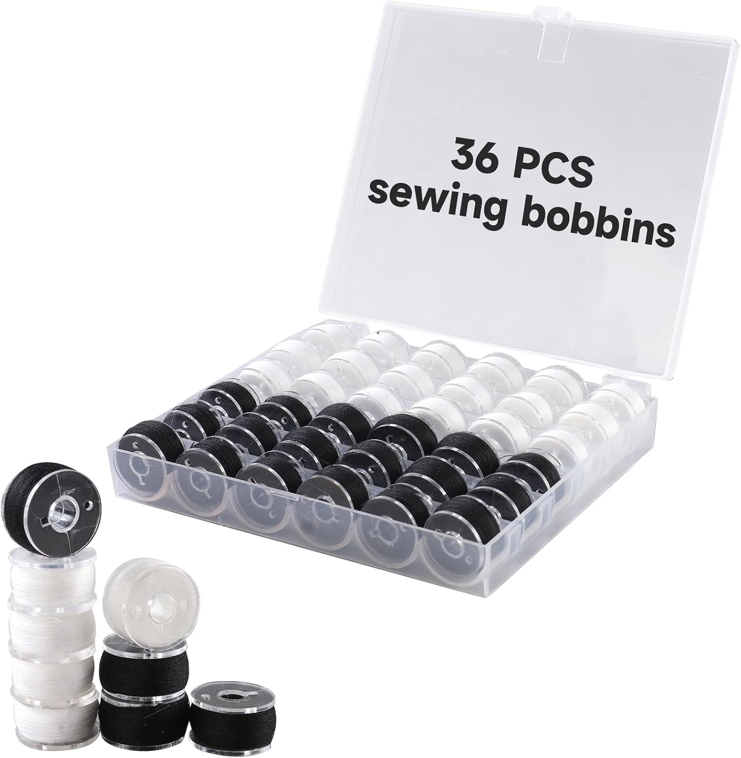 18White + 18Black Bobbin Thread, A Bobbin case, Total 36 PCS Sewing bobbins. Size A prewound Sewing Suitable for Embroidery and Sewing Machines, Brother Singer Embroidery BabyLock Janome Singer.