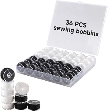 18White + 18Black Bobbin Thread, A Bobbin case, Total 36 PCS Sewing bobbins. Size A prewound Sewing Suitable for Embroidery and Sewing Machines, Brother Singer Embroidery BabyLock Janome Singer.