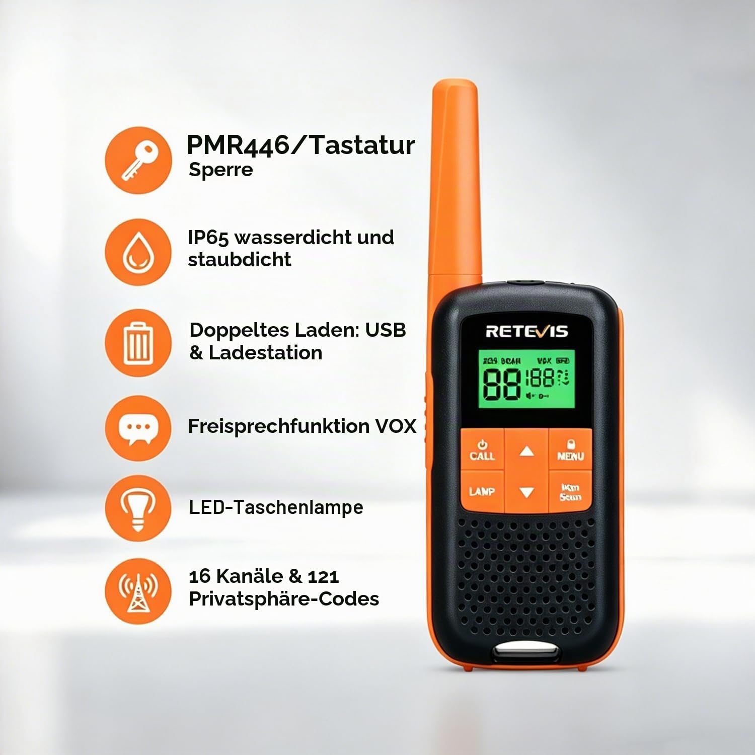 Retevis RT649 Walkie Talkie 4er Set, Aufladbar Funkgeräte IP65 Wasserdicht | PMR446 Lizenzfrei, USB 1200mAh Akku, 16 Kanäle VOX, LED Taschenlampe, Scan, Lange Reichweite Tragbares Funkgerät Set