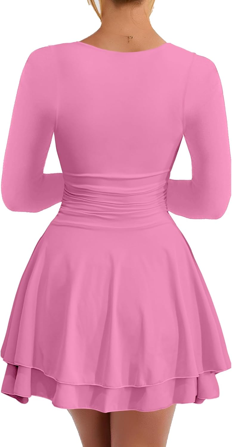 Kaximil Women's Square Neck Ruffle Hem Mini Dress Ruched Waist Long Sleeve Corset Short Party Dresses - Image 2