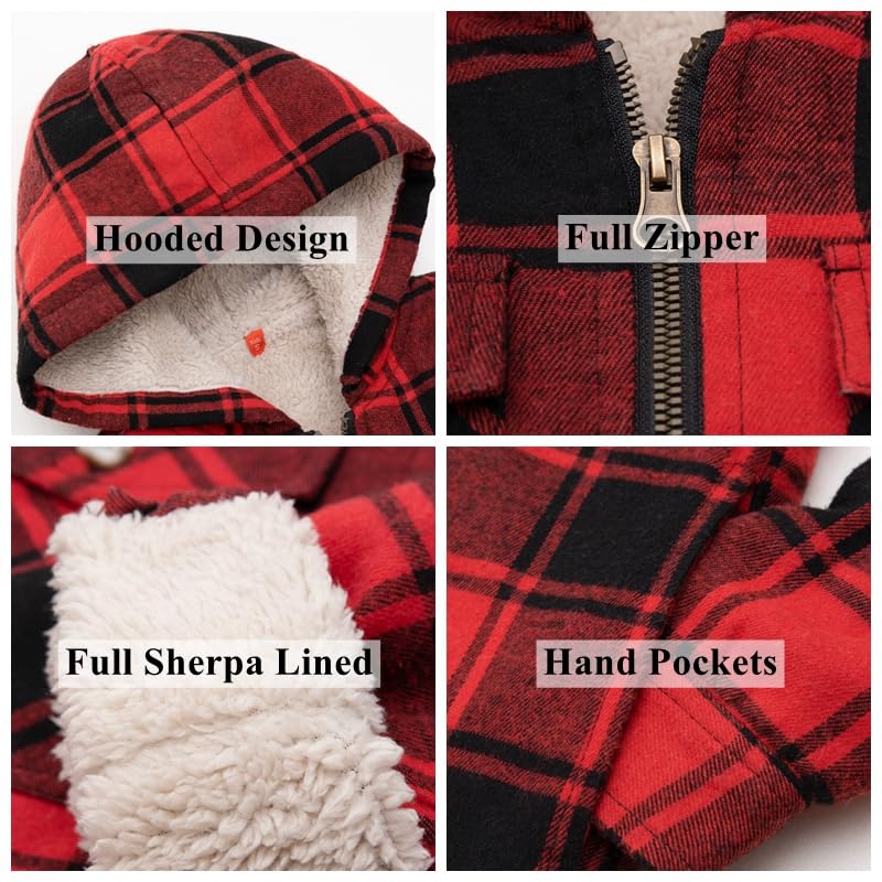 Image of ThCreasa Boys Plaid Flannel Jackets Sherpa Lined Zip Up Long Sleeve Warm Flannel Shirt with Hood