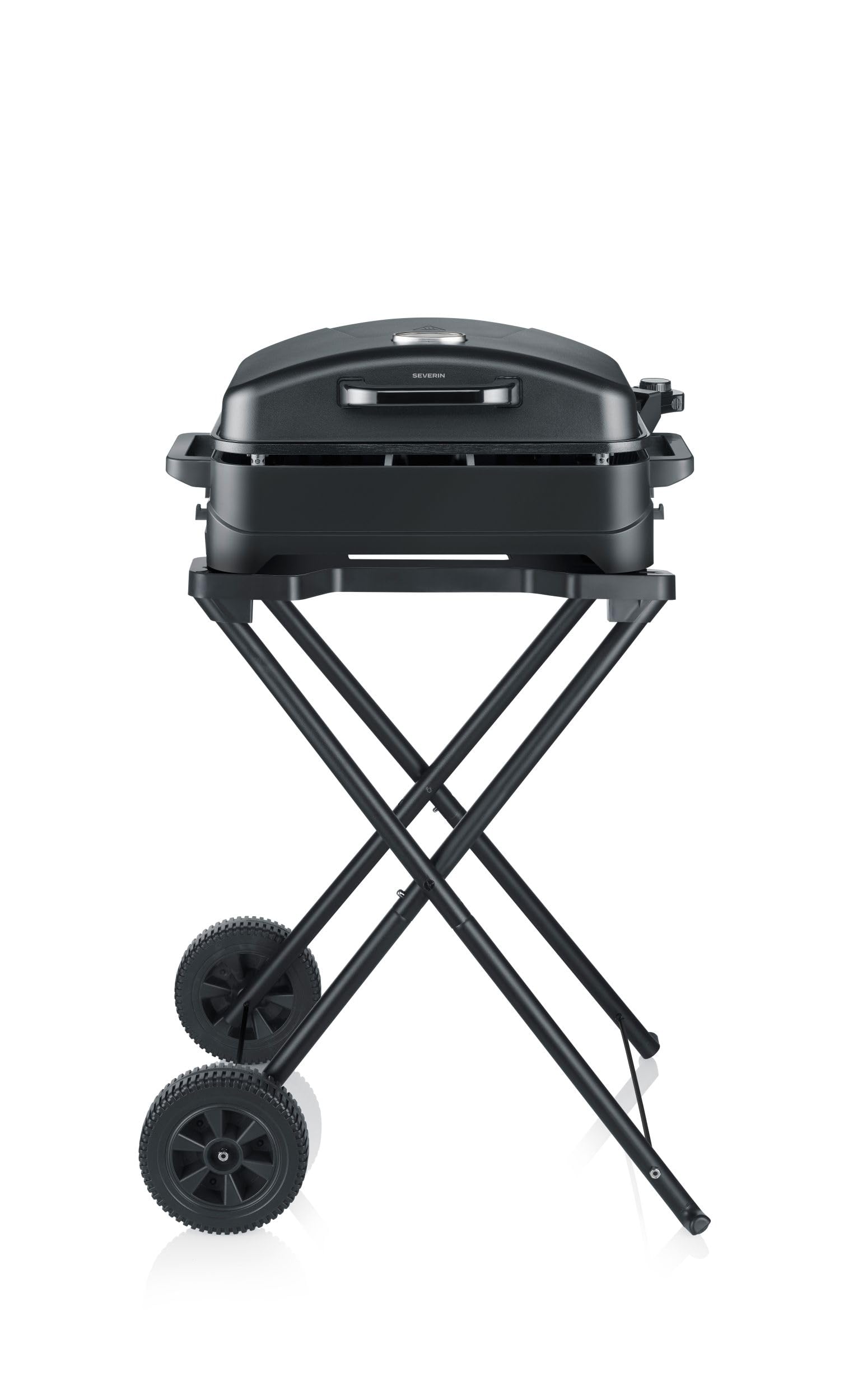 Severin Barbacoa eléctrica 2 en 1 de pie y de sobremesa, 2300 W, revestimiento cerámico, máx. 230 °C, con tapa, soporte, termómetro, superficie de cocción de 45 x 30 cm, negro mate, PG 8598