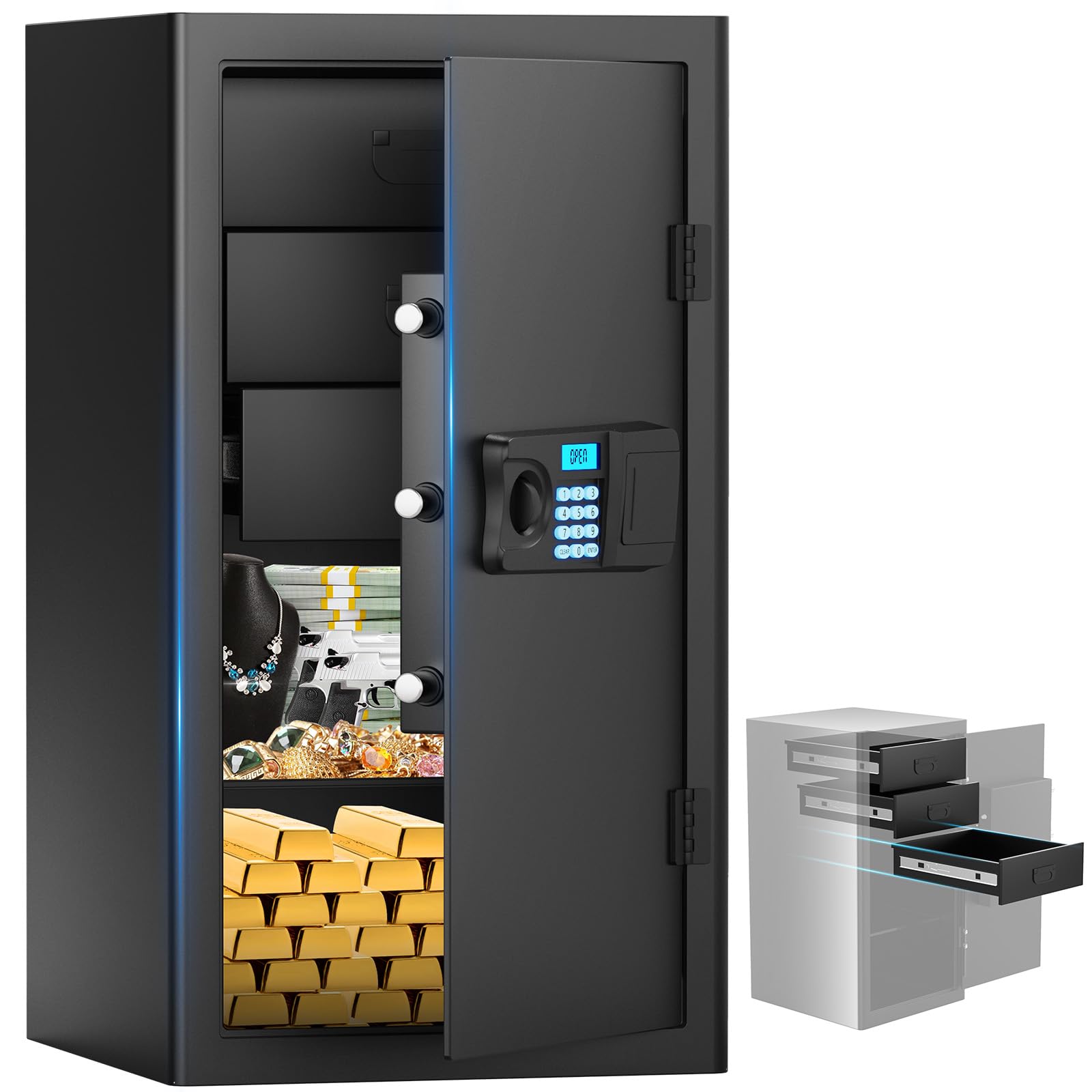 6.1 Cuft Extra Large Home Document Safe Box With 【2024NEW Removable Drawer】, Backlight Programmable Keypad, Smart Alert, Security Digital Office Safe Box For Business Money Jewelry Valuables