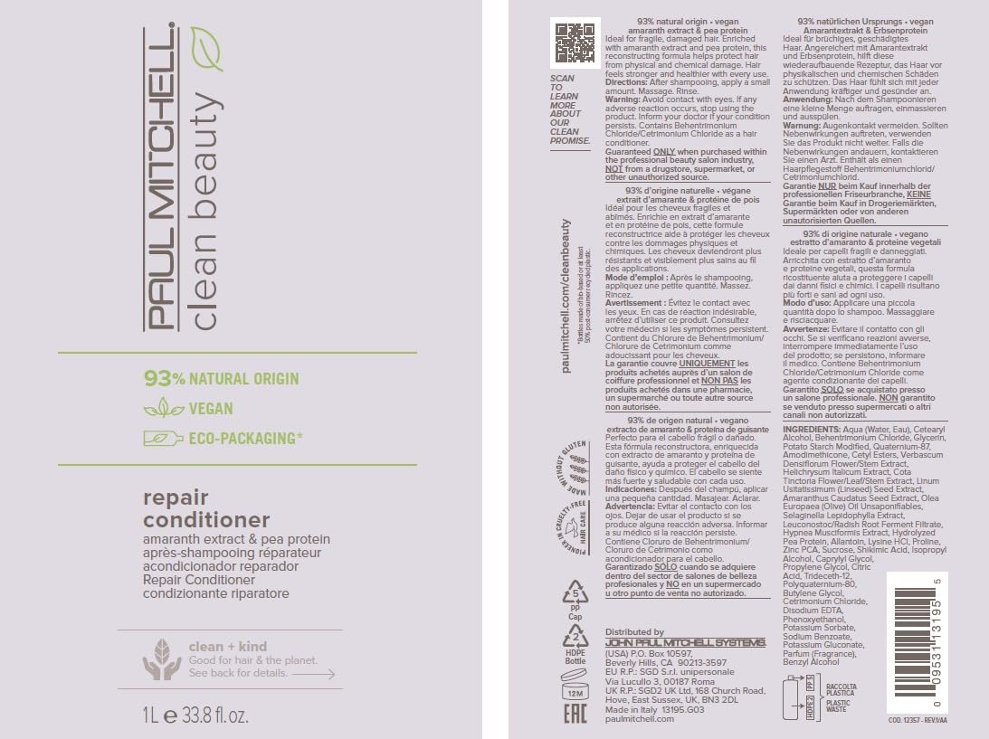Paul Mitchell Clean Beauty Repair Conditioner, Strengthens, Balances Moisture, For Damaged, Brittle Hair