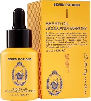 SEVEN POTIONS Natural Beard Oil for Men 1 FL OZ / 30ml   Woodsy Scented Beard Softener & Conditioner   Vegan Conditioning Oil That Helps Prevent Itch & Dandruff Woodland Harmony