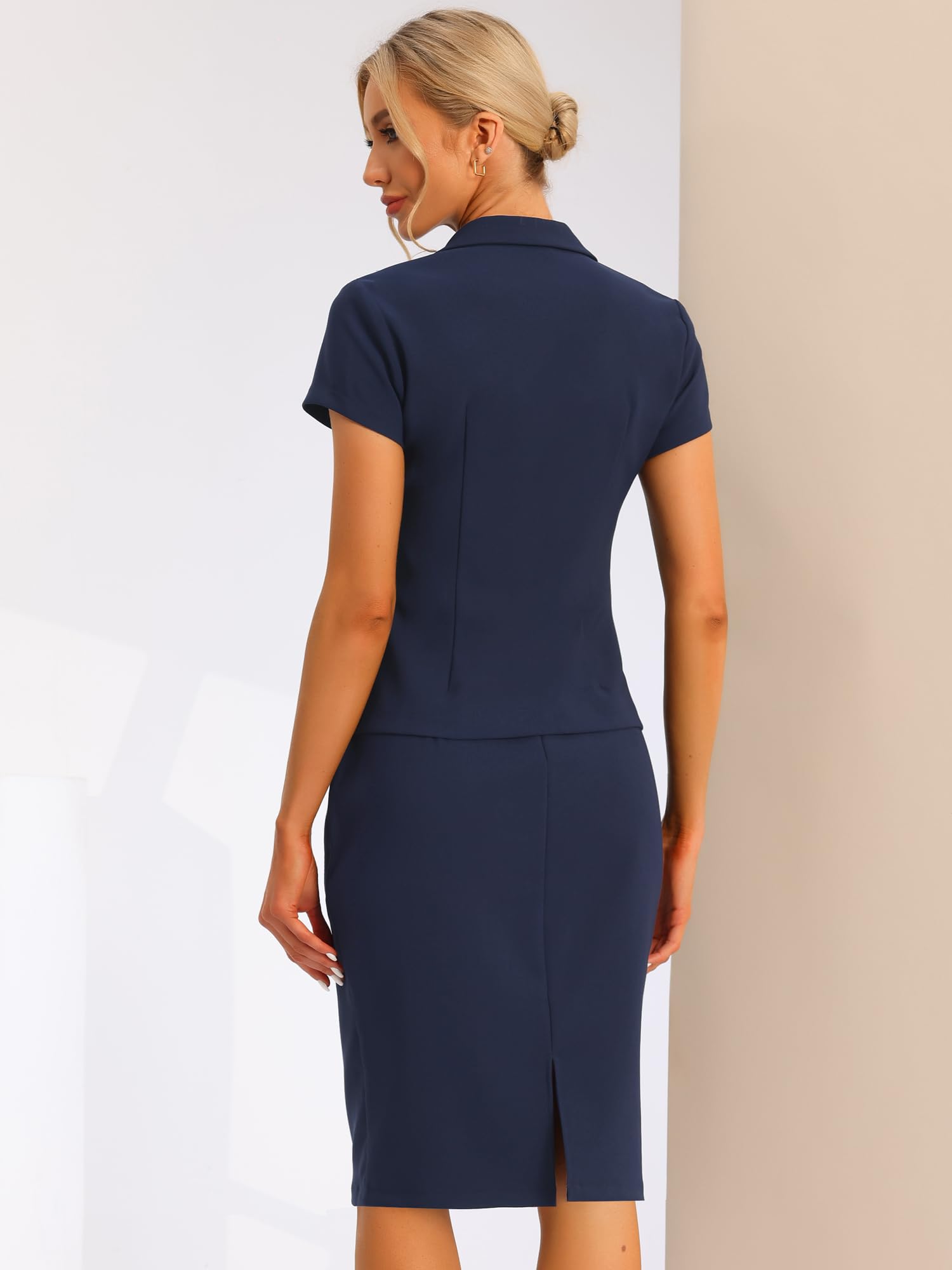 Allegra K Damen Kurzarm Elegant Business Kostüm Blazer Bleistiftrock 2-Teiliges Anzug-Set Dunkelblau XL