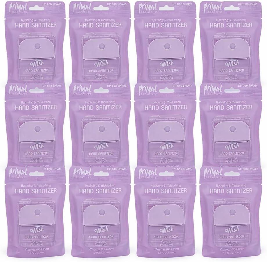 Primal Elements Wish Hydrating Hand Sanitizer, Cherry Blossom Scent, 1.2 fl oz, 500 Sprays (12 Pack)